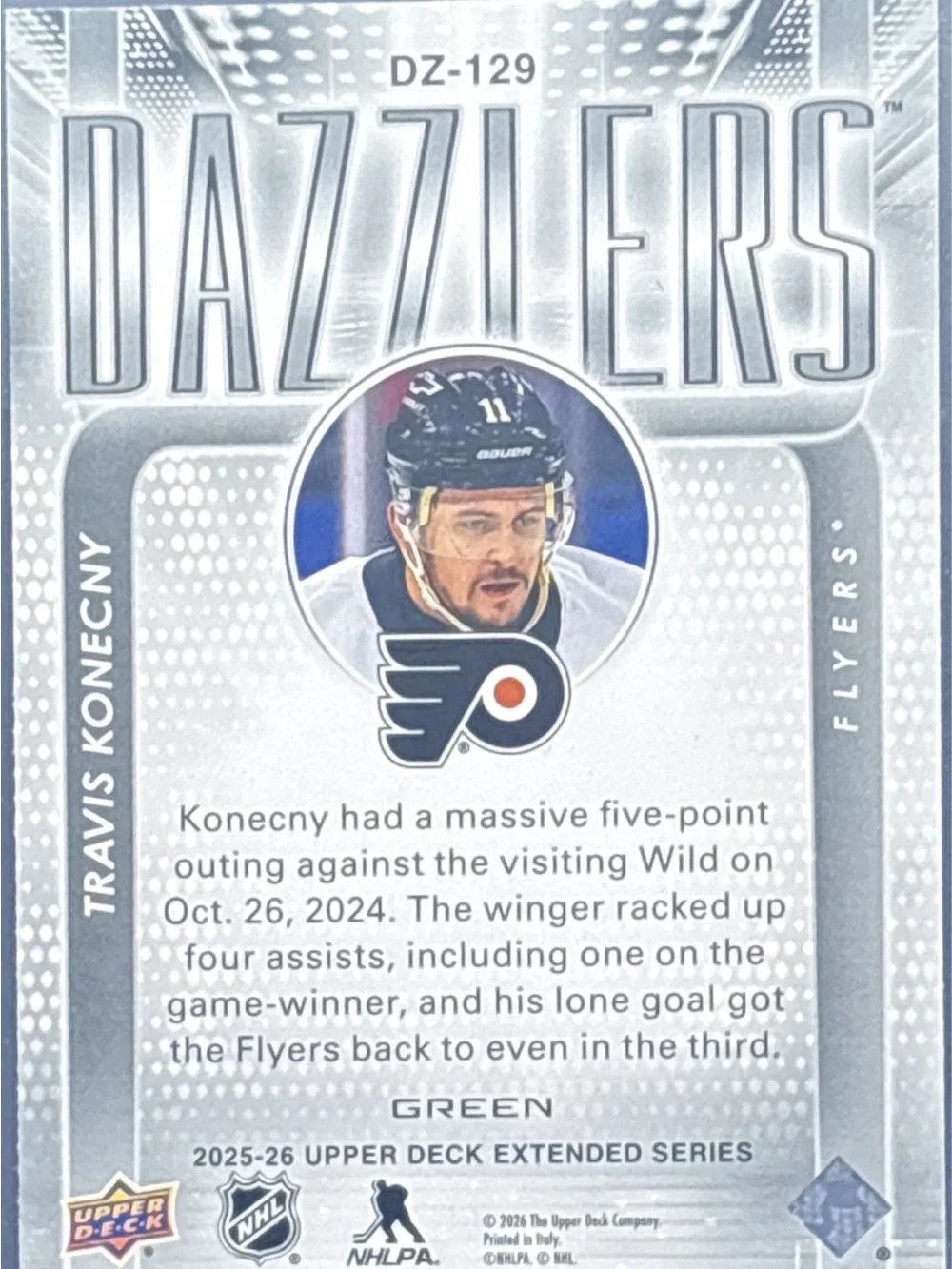 Upper Deck Travis Konecny Dazzlers Green Hockey Trading Card